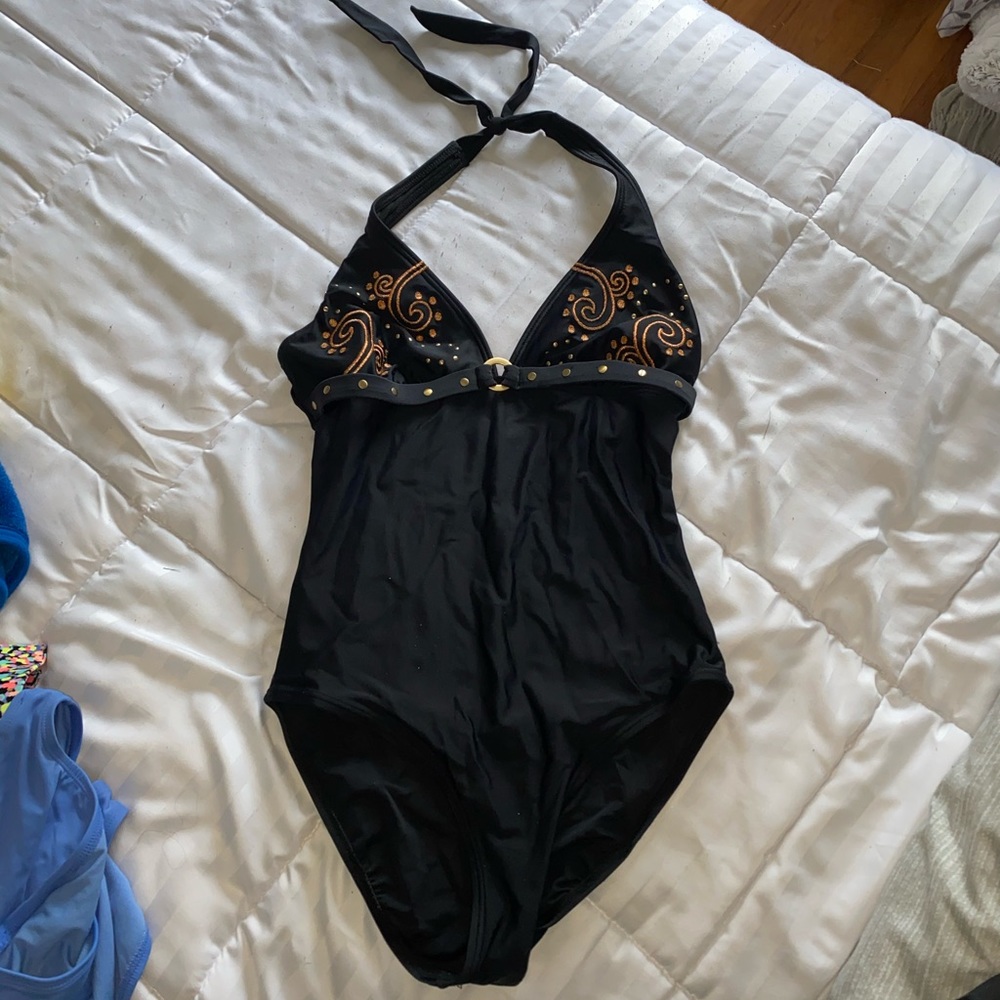Black and gold one piece bathing suit
